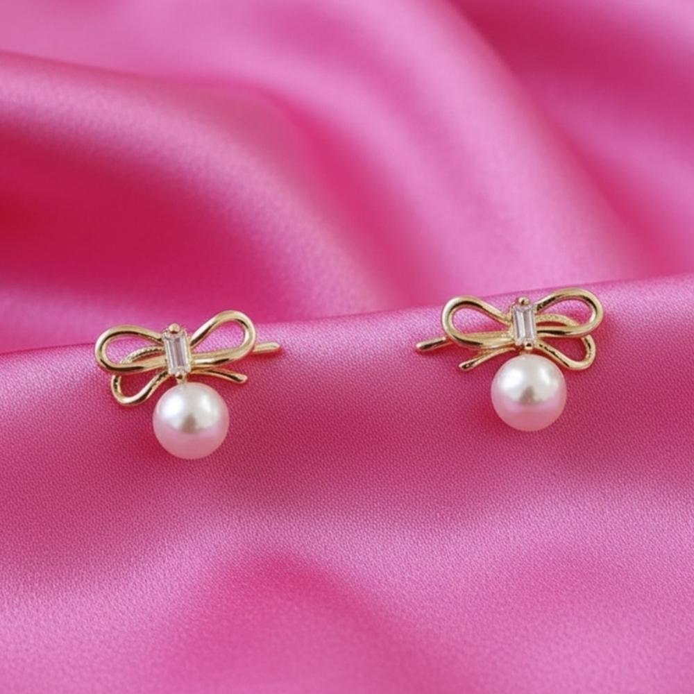 S925 Needle - Gold-plated Bow‎ Pearl Stud Earrings - Women Jewelry